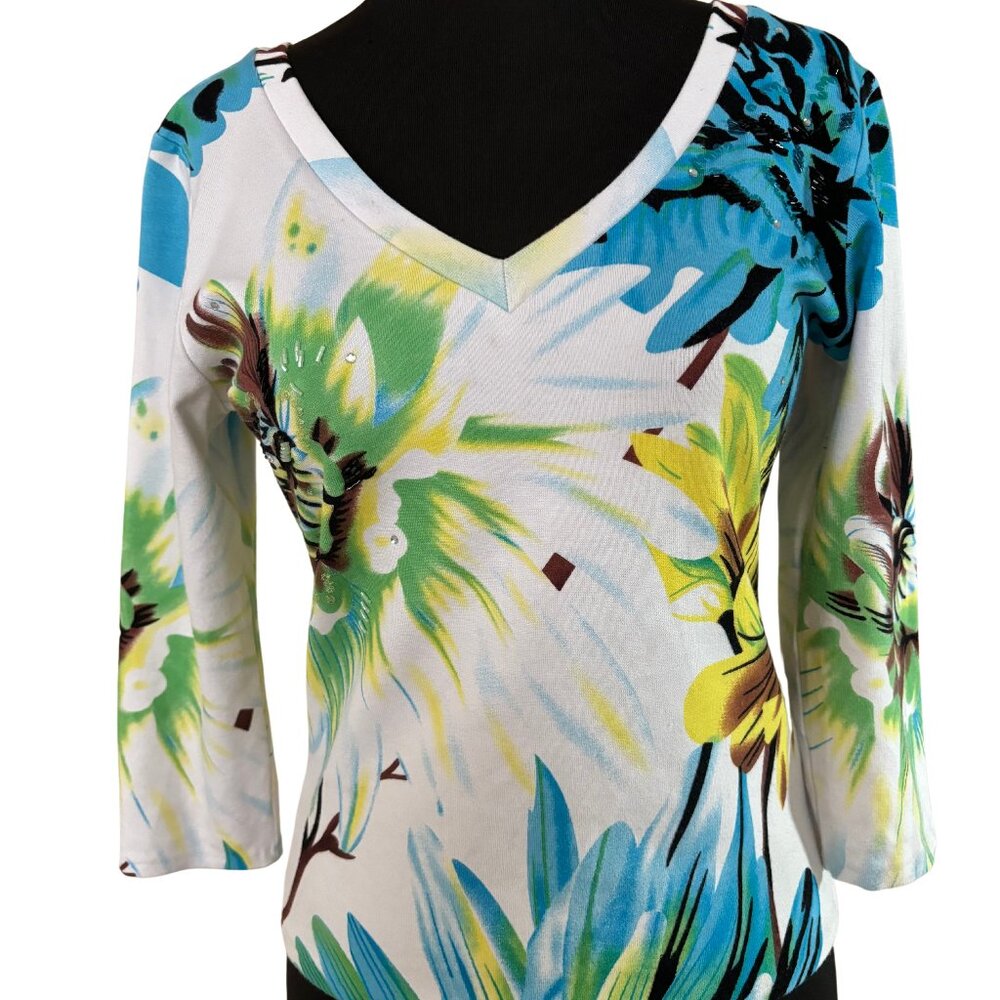 Cache Double V Neck Embellished Top 3/4 sleeve Stretch Floral Print Sz S/M